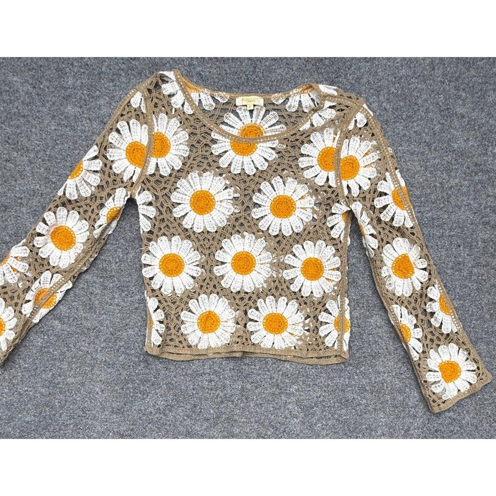 Rebellion Again Daisy Crochet Knit Long Sleeve Top Tan White Yellow XL